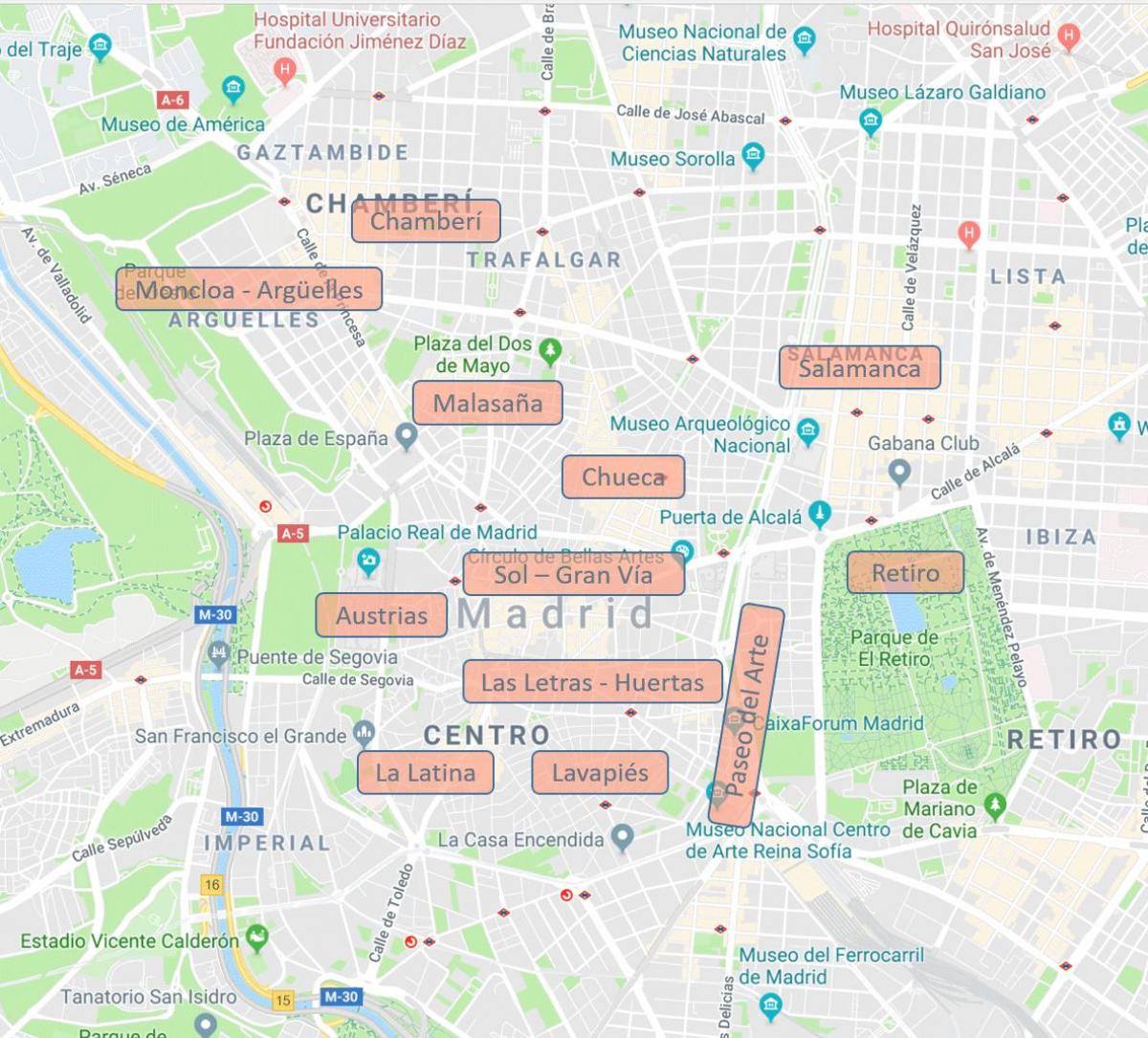 mapa ng Madrid sa Espanya kapitbahayan